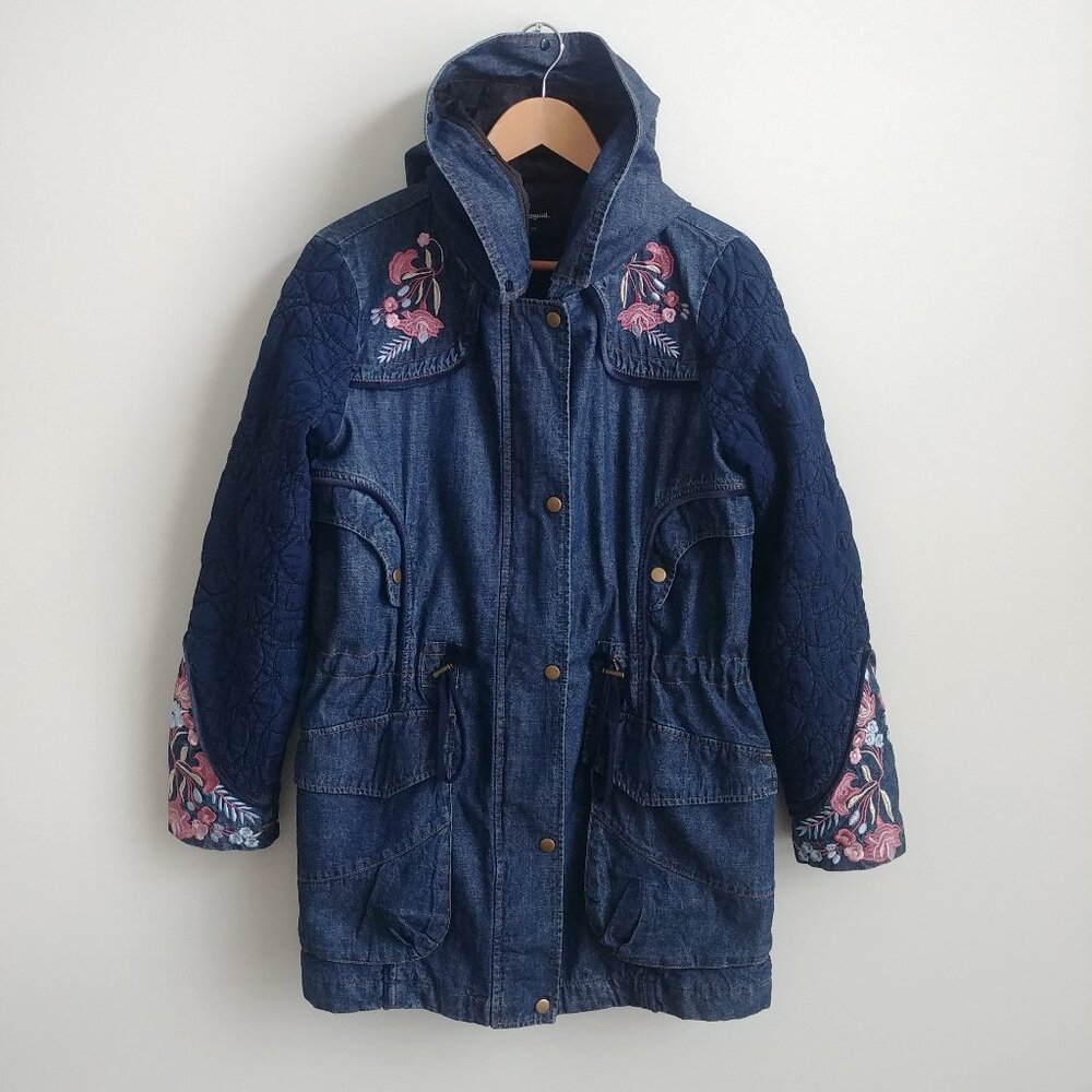 Desigual cotton denim embroidered parka style jacket blue quilted sleeves 10